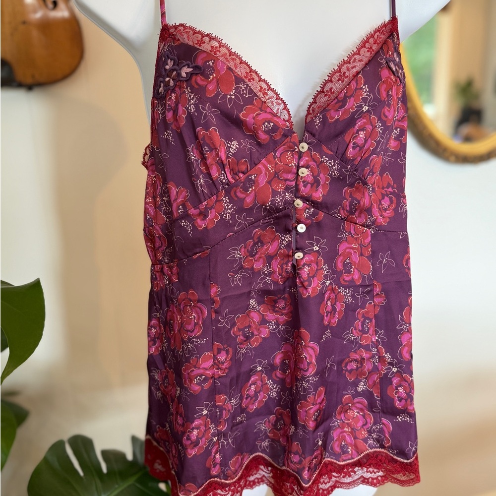 💜Free People Intimately Burgundy Floral Camisole with Lace, XS, #73